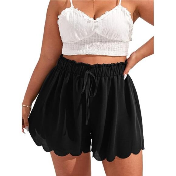 Pants - MakeMeChic Women's Plus Size Elastic Waist Scallop Trim Flowy Wide Leg Shorts